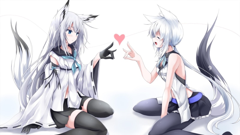 Anime, Kawakaze (Azur Lane), Animal Ears, Long Hair, Tail, Crossover, Shirakami Fubuki, Blue Eyes, 1080P, School Uniform, White Hair, Azur Lane