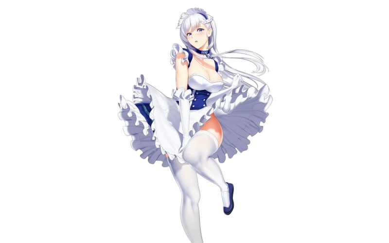 thighhighs, choker, aqua eyes, 720P, elbow gloves, braids, long hair, Belfast (Azur Lane), skirt lifting, gloves, Azur Lane, white, cleavage, maid, white