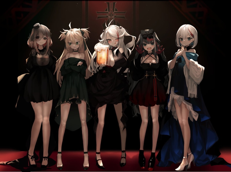 blonde, Roon (Azur Lane), drink, black hair, orange eyes, short hair, dress, Prinz Eugen (Azur Lane), Admiral Hipper (Azur Lane), Azur Lane, Deutschland (Azur Lane)