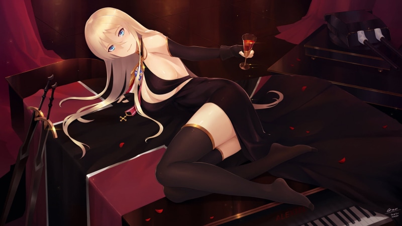 black dress, portrait, blue eyes, artwork, anime, dress, 1080P, sword, digital art, long hair, girls with swords, Azur Lane, anime girls, Bismarck (Azur Lane)