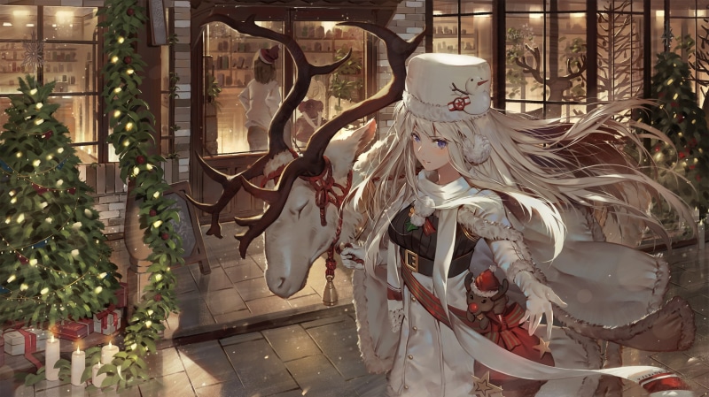 Santa hats, 1080P, silver hair, digital art, Azur Lane, long hair, women, artwork, 2D, anime girls, fantasy art, Enterprise (Azur Lane), looking at viewer