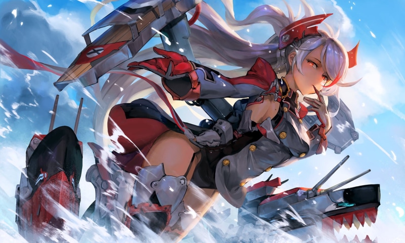 white, sky, ecens, uniform, 720P, orange, belt, water, (azur, konachan, anthropomorphism, hair, eyes, clouds, lane), prinz, azur, garter, stockings, gloves