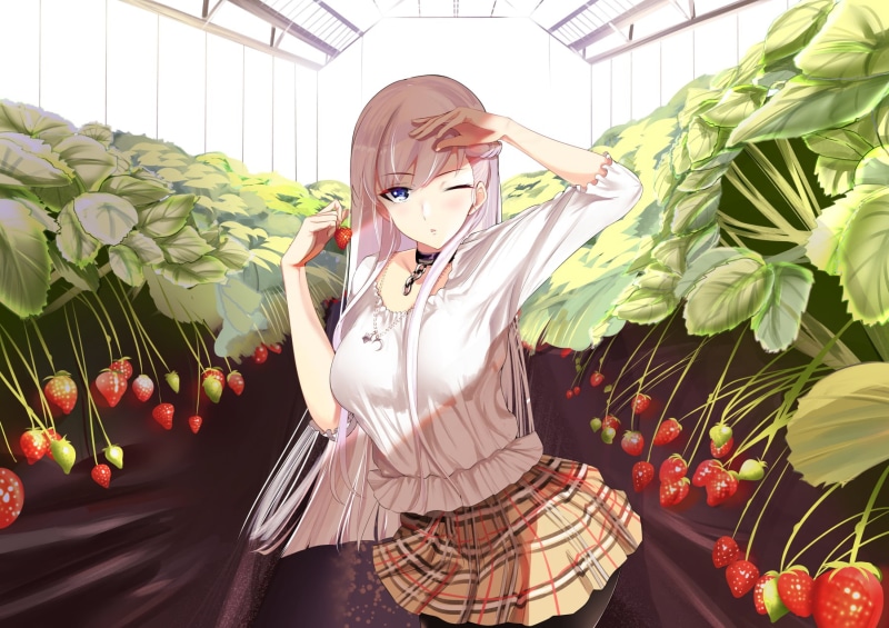 anime, greenhouse, miniskirt, fan art, blue eyes, 720P, long hair, digital art, anime girls, necklace, plaid skirt, Azur Lane, wink, white hair, artwork