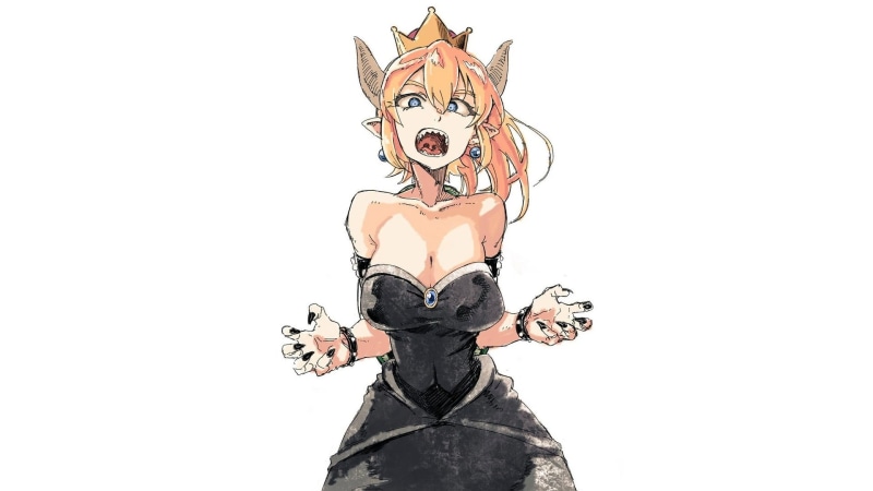 manga, dress, crown, obscured face, three quarter length, black, clothing, fashion, Bowsette, young adult, standing, demon horns, women, mouth open, anime