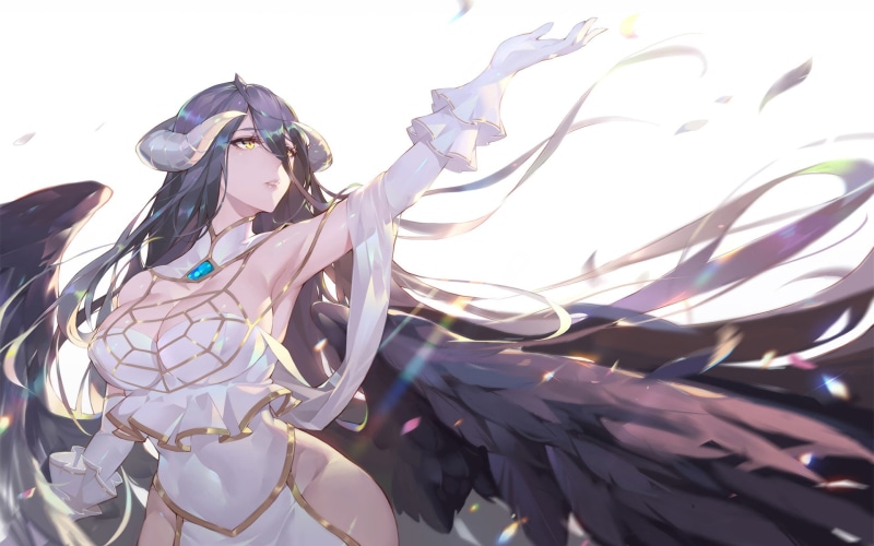 Overlord (anime), dark hair, anime, representation, close-up, yellow eyes, white gloves, outdoors, horns, art and craft, navels, demon horns, white dress