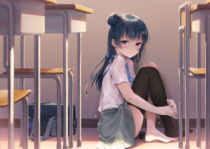 leisure activity, hairstyle, child, sitting, real people, barefoot, see-through clothing, anime, 1080P, full length, lifestyles, thigh-highs, girl, innocence