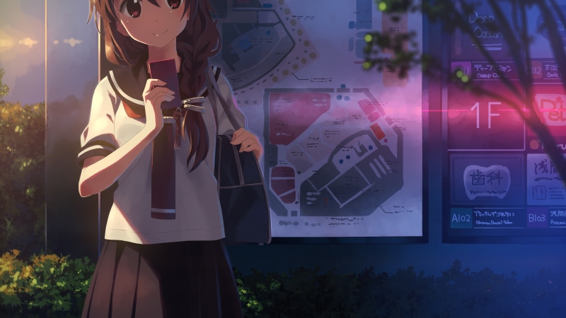 activity, uniform, school, one person, architecture, original characters, anime, character, real people, casual clothing, cellphone, window, haired, three quarter length