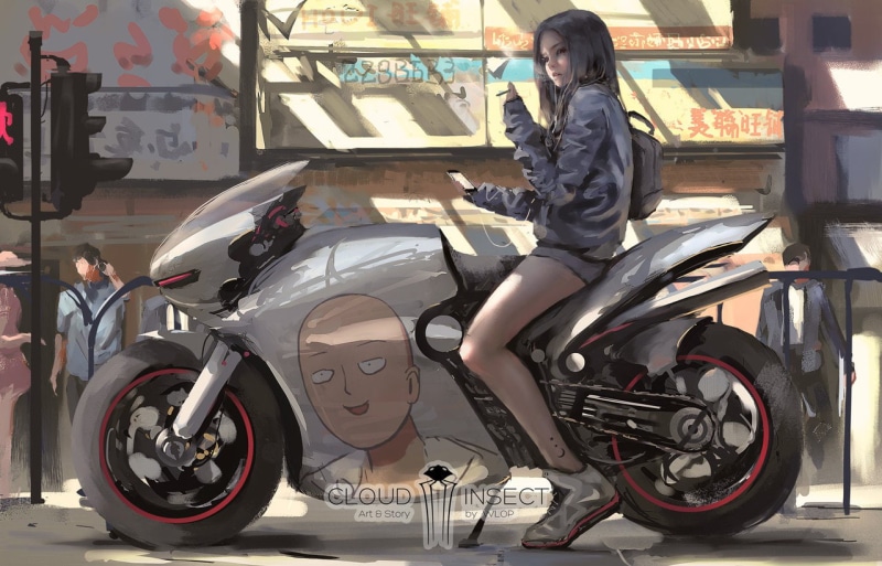 motorcycle, Saitama, WLOP, One-Punch Man, digital art, 720P, white hair