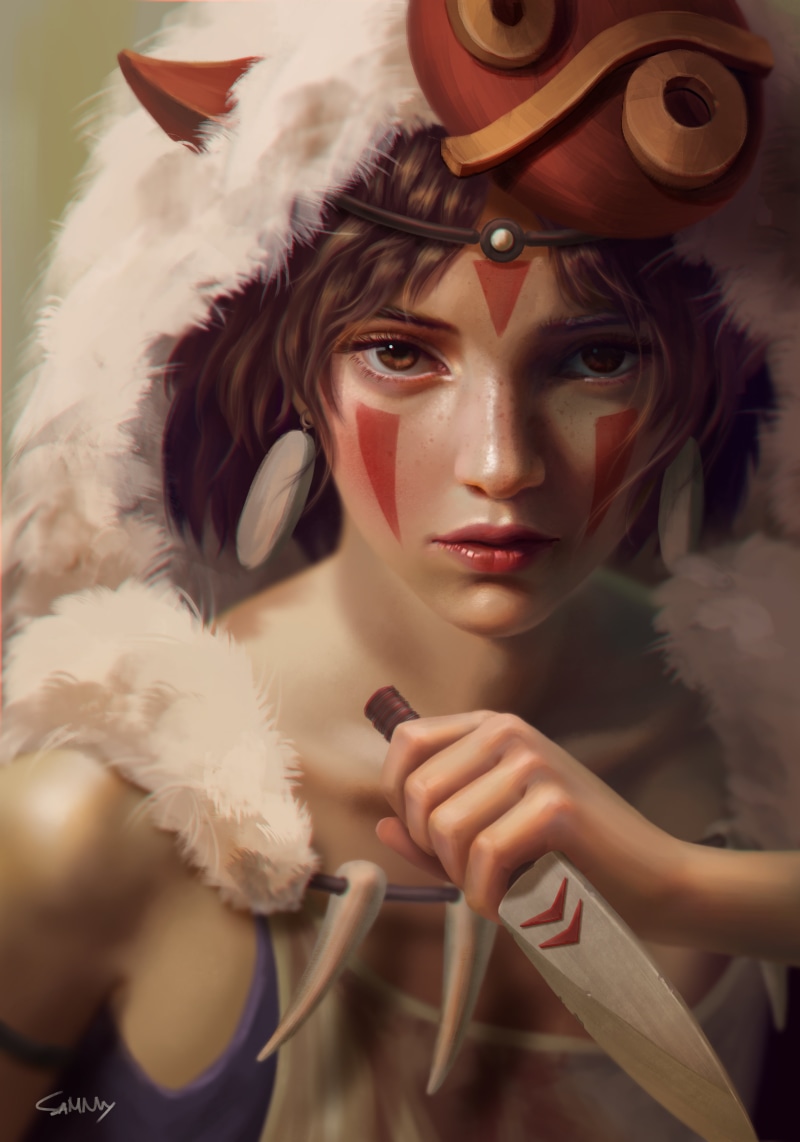 fan art, digital art, drawing, looking at viewer, Mononoke, portrait display, artwork, women, Princess Mononoke, 4K, mask, movies, brown eyes, fangs, knife