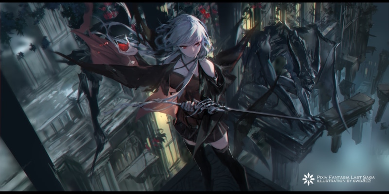 looking away, anime girls, digital painting, gargoyles, drawing, Pixiv Fantasia, swd3e2, weapon, architecture, 1080P, white hair, fantasy girl, fantasy art