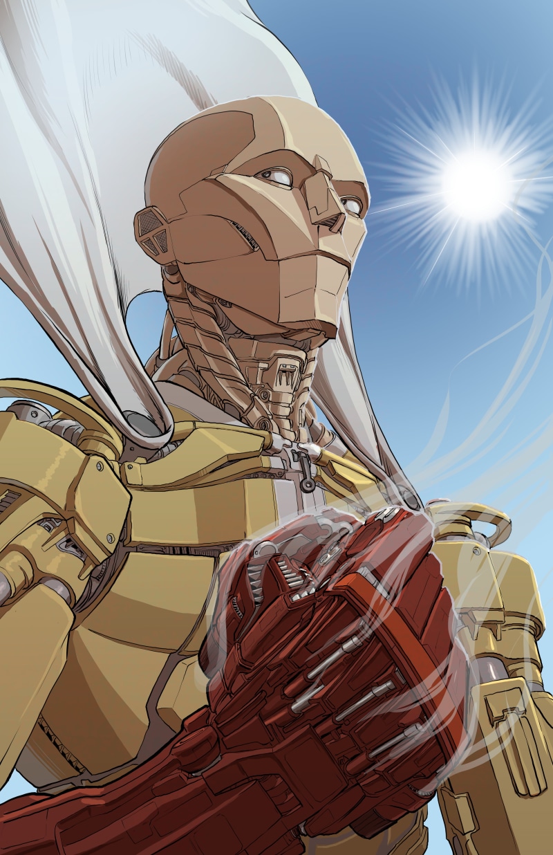 robot, vertical, anime boys, sky, Saitama, digital art, portrait display, Sun, 4K, One-Punch Man, drawing, smoke, fan art