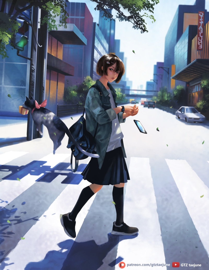 jacket, brunette, 1080P, street, artwork, walking, drawing, crosswalk, digital art, anime girls, illustration, skirt, women, cats, socks, digital painting