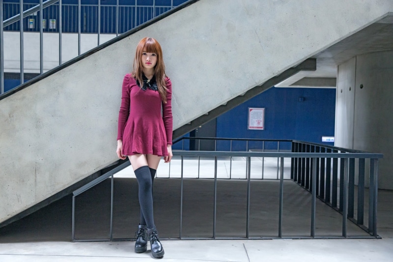 Asian, long, model, minidress, mini, red, sleeved, women outdoors, thigh-highs, 1080P, s, urban, women, dress