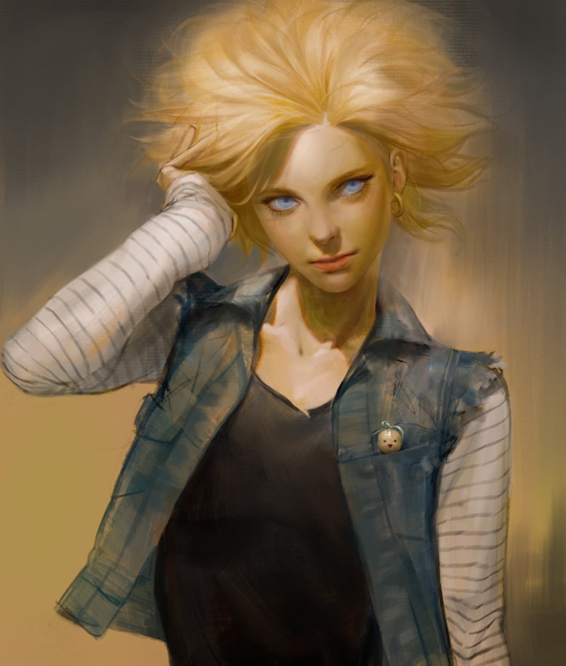 blonde, beautiful woman, casual clothing, looking at camera, one person, blond hair, anime girls, digital art, touching hair, illustration, waist up, jeans jacket