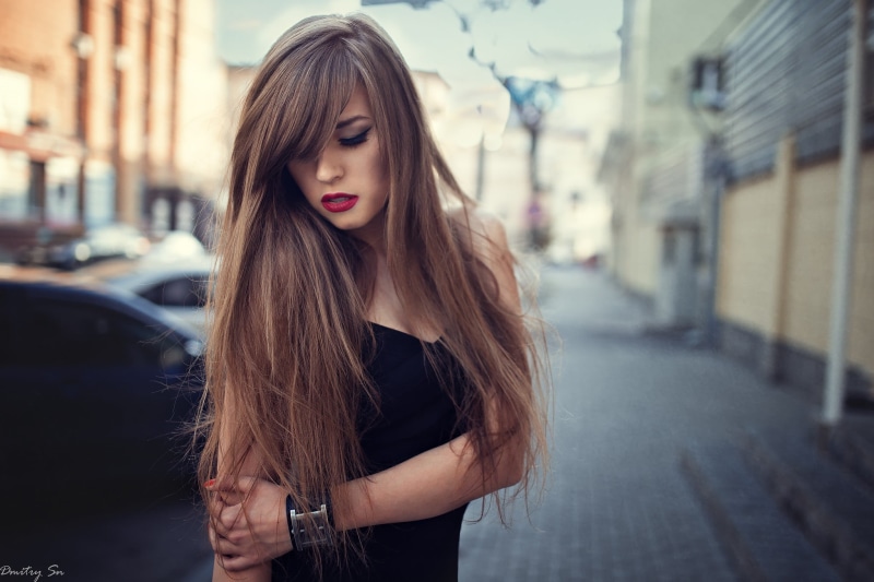 sleeveless, portrait, lipstick, closed eyes, adult, black dress, Dmitry Shulgin, contemplation, architecture, one person, young adult, s, hair, depth of field