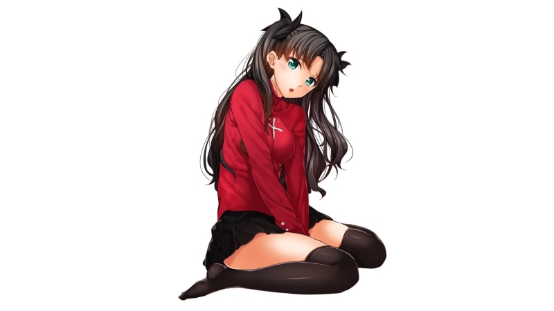 hair, indoors, fashion, kneeling, full length, red, anime girls, Tohsaka Rin, lifestyles, beautiful woman, illustratio, cut out, one person, studio shot