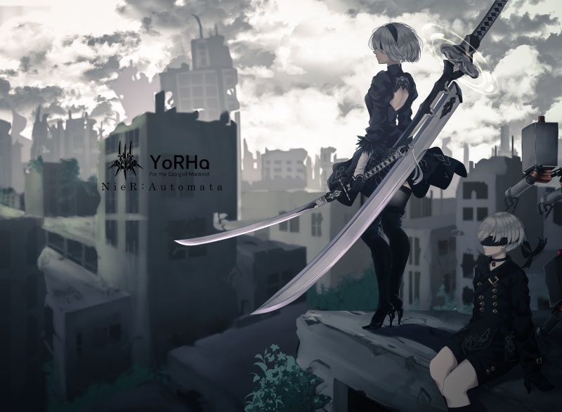 thigh-highs, city, gun, NieR, sword, Yorha unit no.9 type s, lifestyles, uSA, architecture, sky, weapon, 2B (Nier: Automata), real people, illustration