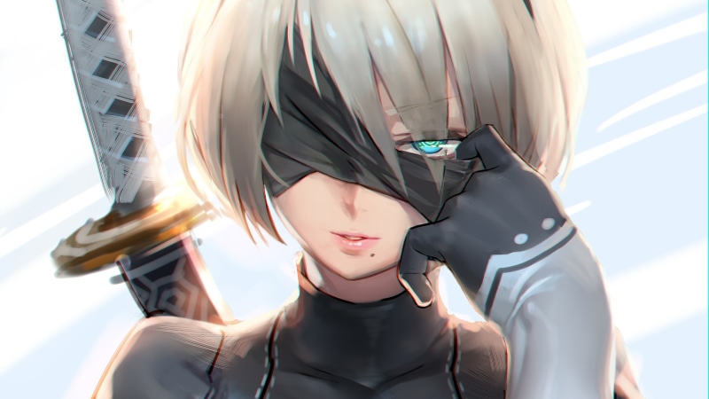 White Hair, Blue Eyes, Glove, Sword, Headband, Weapon, Blindfold, NieR: Automata, Video Game, YoRHa No.2 Type B, 1080P, Girl