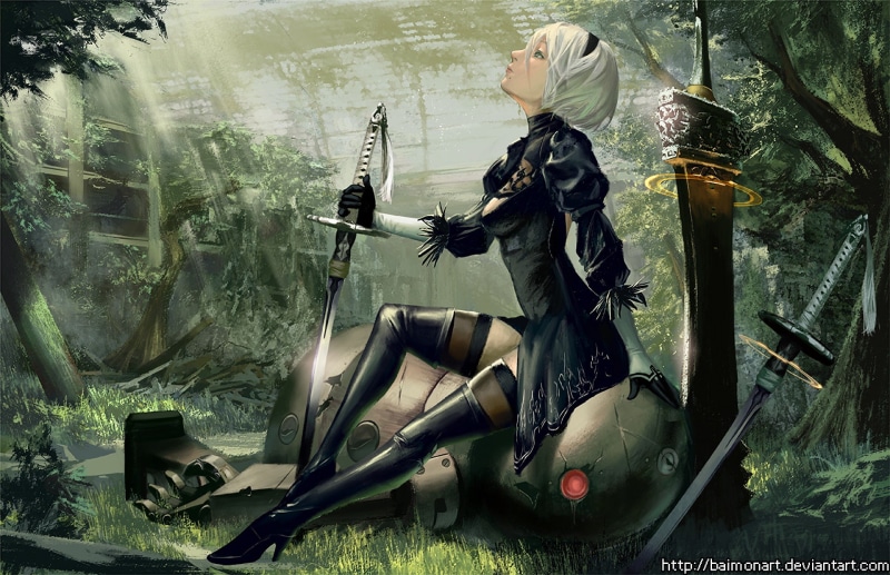 security, armed forces, day, YoRHa No.2 Type B, rifle, Black Dress, character, Katana, High Heels, plant, protection, Thigh Boots, Video Game, aggression