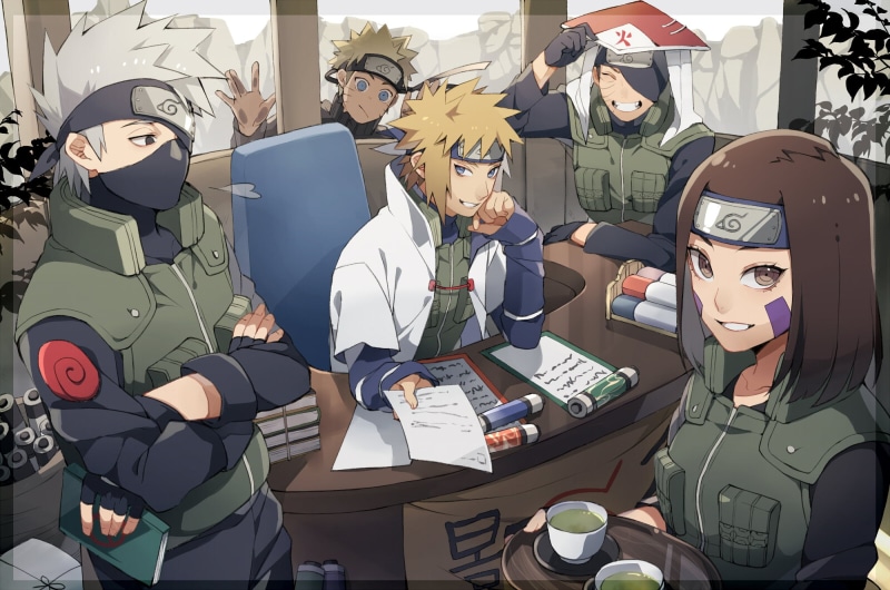 office, Namikaze Minato, Nohara Rin, Naruto Shippuuden, 1080P, Uchiha Obito, blue, indoors, dinnerware, coworker, Uzumaki Naruto, Hatake Kakashi, businessman