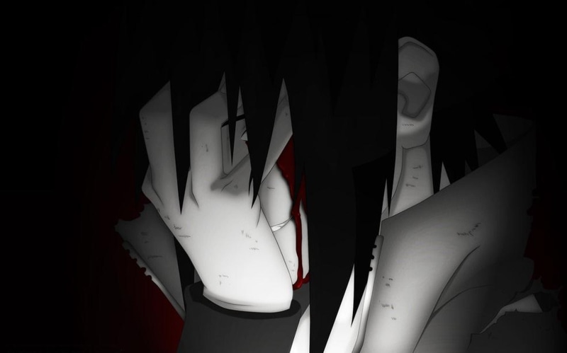 human representation, creativity, representation, side by side, black background, no people, indoors, anime boys, standing, blood, Naruto Shippuuden, sasuke