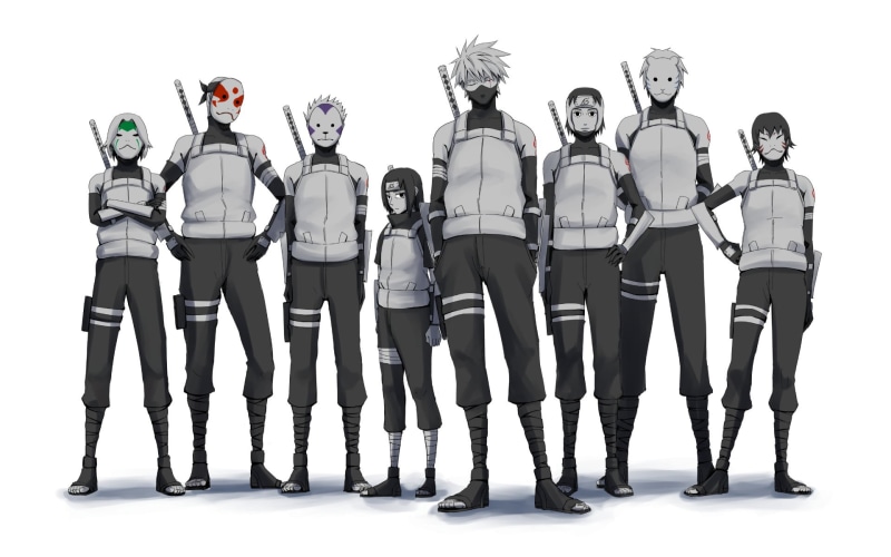 white background, full length, group of people, standing, studio shot, sculpture, Yamato (Naruto), art and craft, representation, cut out, male likeness