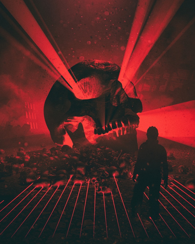 skull, 1080P, 3D, red light, beeple, digital art