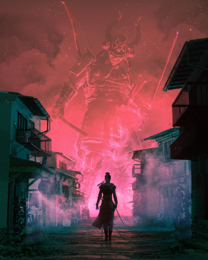 digital art, warrior, samurai, smoke, beeple, Clash, women, 3D, 1080P, weapon, night, giant, artwork, fantasy art, Japan, katana, architecture