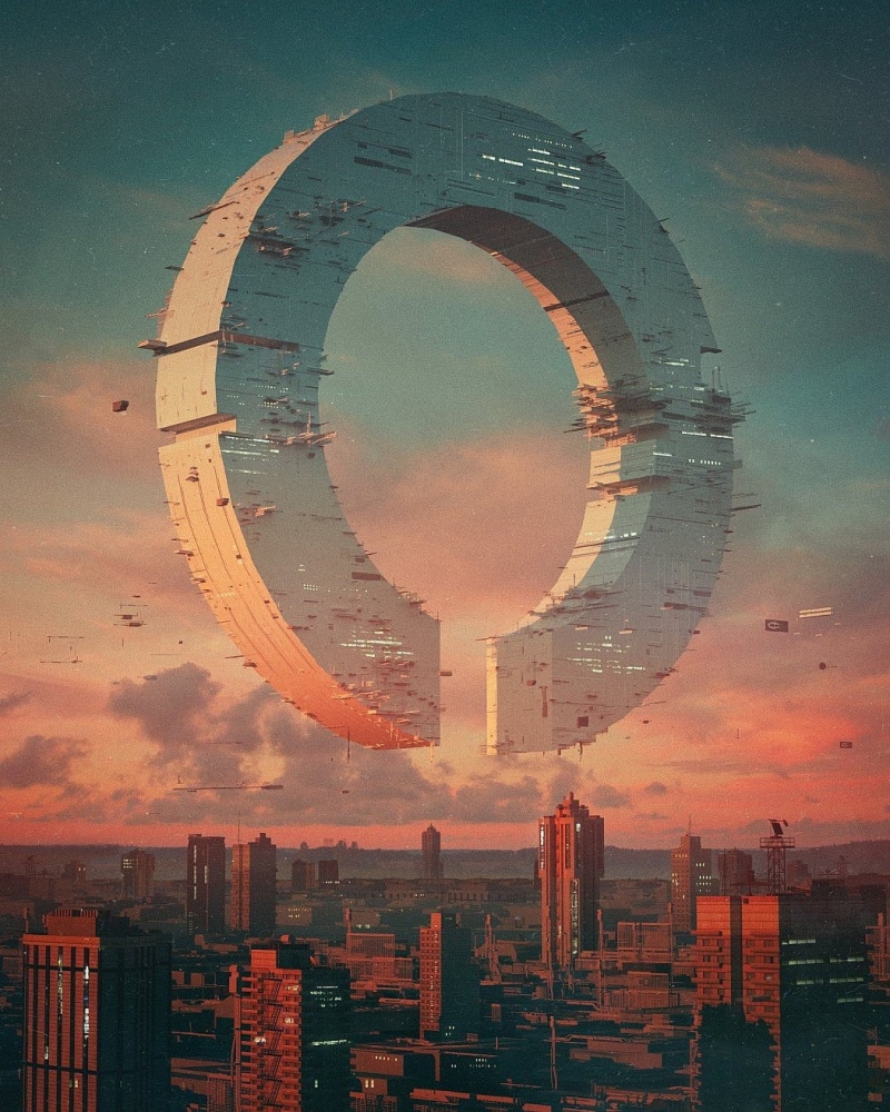 illustration, ship, nature, landscape, downtown District, circle, 720P, town, building, sky, digital, beeple, futuristic, flying, office building exterior