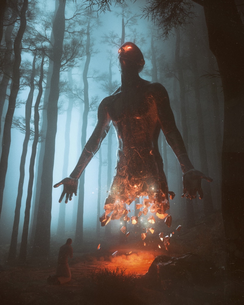 people, fog, 1080P, burning, smoke - physical structure, fire, heat - temperature, digital composite, front view, man, nature, adult, night, beeple, tree