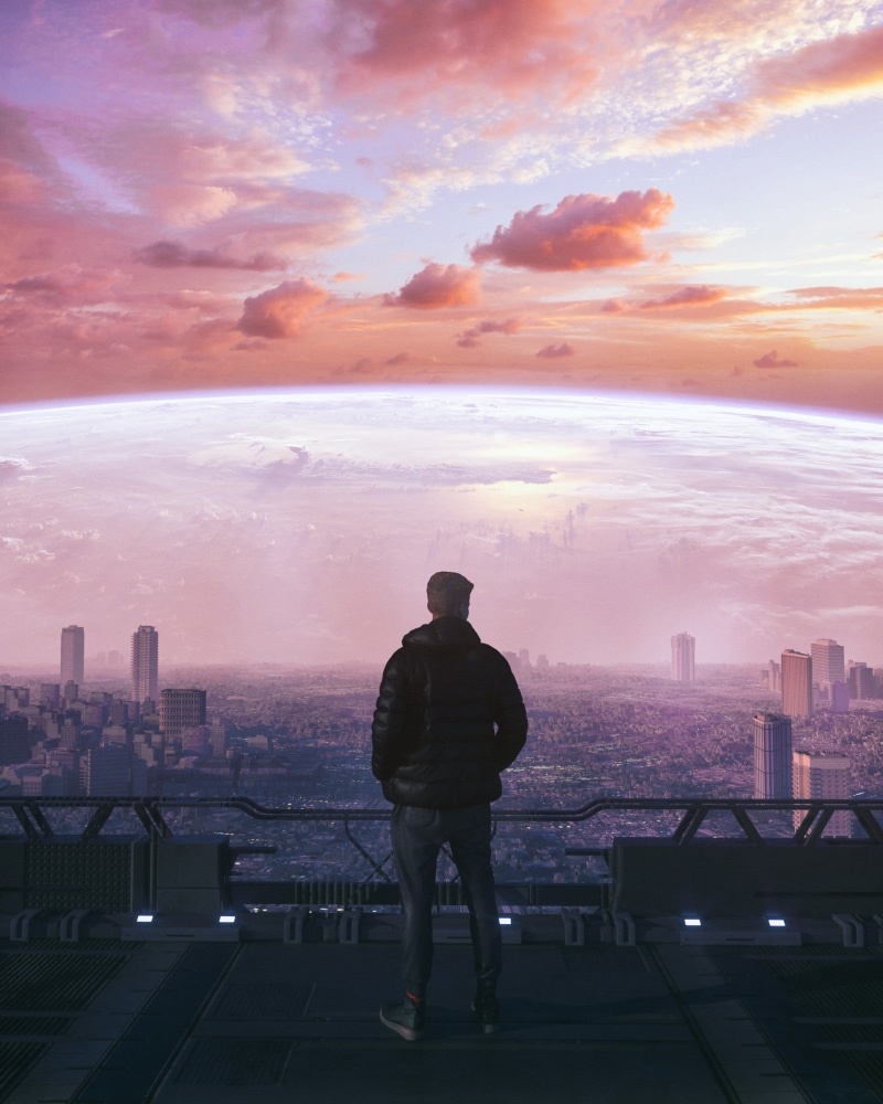 clouds, artwork, pants, 1080P, sky, science fiction, jacket, 3D, illustration, horizon, beeple, digital art, men, futuristic, standing