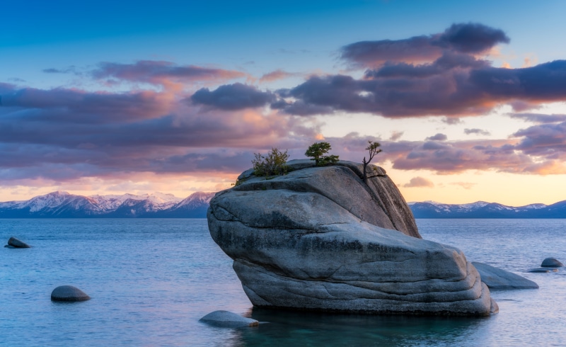 nature, mountain, rock, 5K, monolith, sunset, water  blue, island, lake, water, surrounded, sea, sky, beautiful, landscape, Lake Tahoe, Evening, tahoe