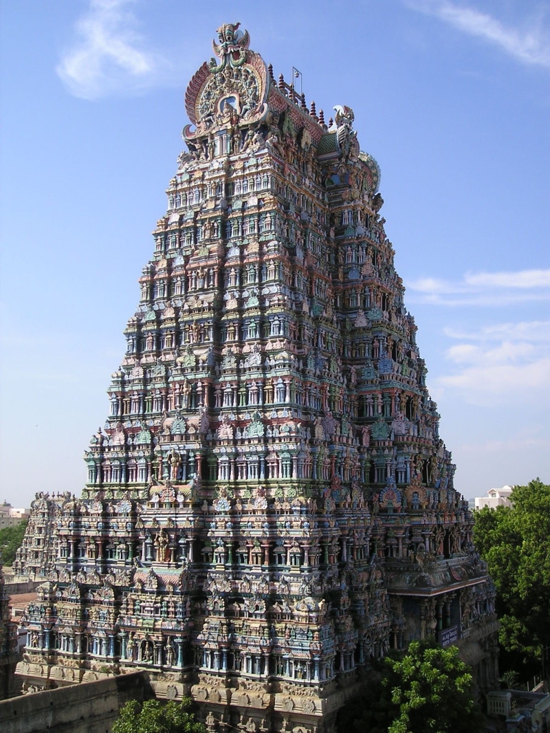 city, colorful, surrounded, plant, monolith, history, building exterior, nature, red, place of worship, low angle view, temple, the past, holy, trees, madurai