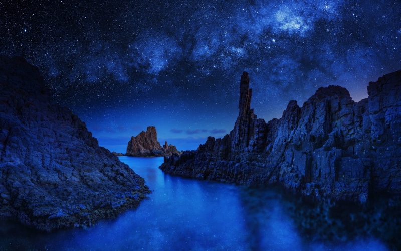 Sea, 2K, Rocks, Stars, Monolith, Blue, Night