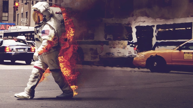 men, wearing, people, s, astronaut, women, street, architecture, fire, outdoors, spaceman, person, building exterior, space suit, built structure, 1080P