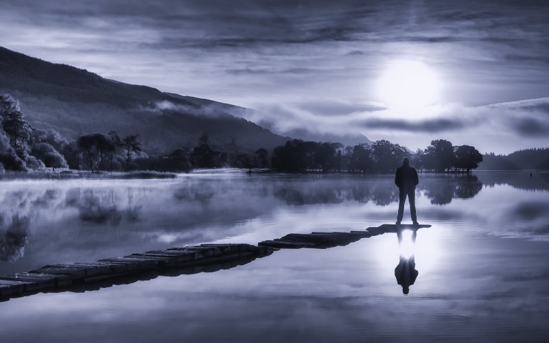 Landscape, outdoors, National Park, man, nature, people, silhouette, f4, water, 35mm, Scotland, body of water, Kinlochard, Loch Lomond, reflection, USM