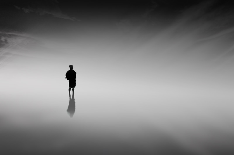 photography, beach, dark sky, skyscrapers, 5K, sea, tranquility, activity, one person, cutter, abstract, reflection, long, black background, water, man silhouette