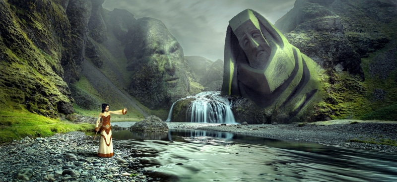 outdoors, nature, landscape, atmospheric, statue, adult, 5K, divine, photo montage, figure, psychic, shaman, lichtblick mood, composing, river, beautiful