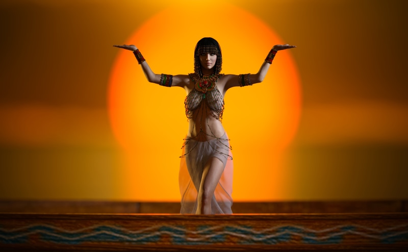 yellow, ancient Egypt, front view, body part, pose, human limb, digital art, full length, dancing, top, indoors, s, human arm, stage, one person, hairstyle