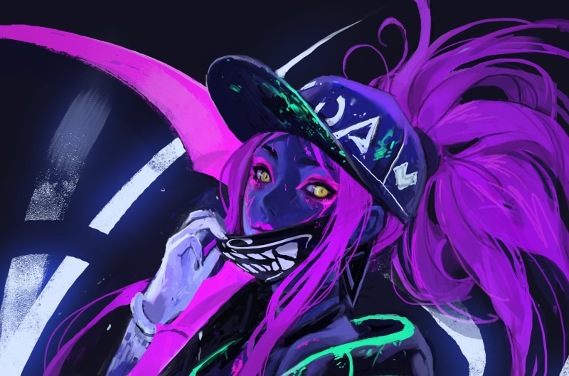 The Rogue Assassin, League of Legends, Akali, art, KDA, 2K, cap, girl