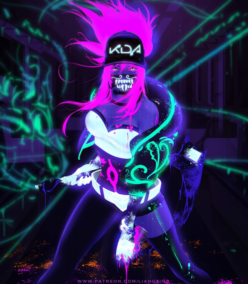 subway, cleavage, yellow eyes, pink hair, looking at viewer, thighs, tight clothing, women, Akali(League of Legends), League of Legends, Liang Xing, ponytail