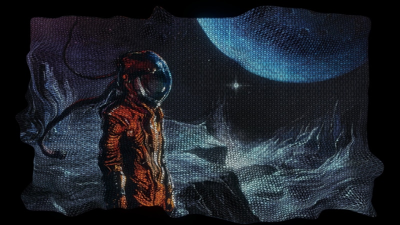 indoors, close-up, casual clothing, black background, no people, design, astronaut, 1080P, digital art, art and craft, textile, clothing, space, nature