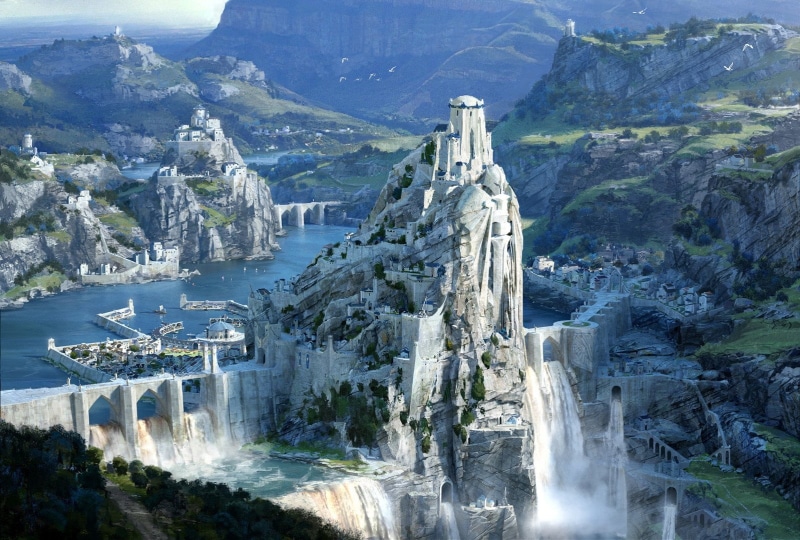 digital art, travel destinations, fantasy art, no people, flowing water, tourism, water, beauty in nature, artwork, built structure, building, 720P, dam