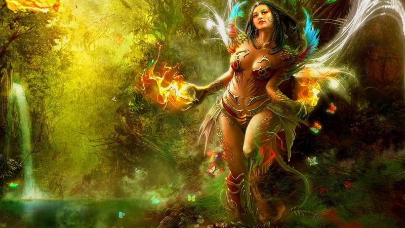 artwork, full length, adult, occult, beautiful woman, young adult, green color, Magic, hairstyle, sorcerer, witch, 2K, front view, clothing, female, fantasy