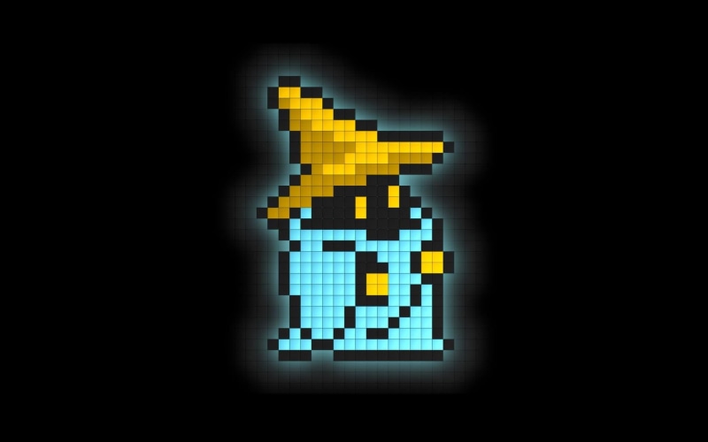 1080P, no people, art, magic, strategy, black background, computer, communication, success, yellow, pattern, clip, Black Mage, close-up, illuminated, pixel