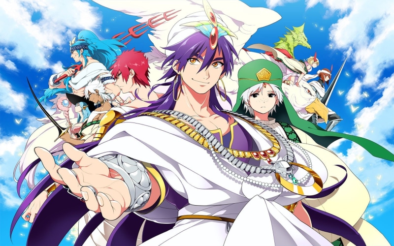 magi, clouds, djinn, boys, sinbad, mage, wings, anime, skies, birds, dragons, 1080P, labyrinth, magic