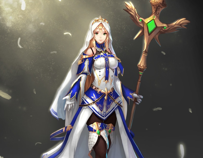 mage, dress, staff, luxury, fantasy, girls, 2K, anime