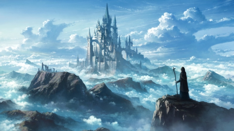 fantasy landscape, 1080P, cg artwork, castle, mountain, fantasy art, wanderer, sky