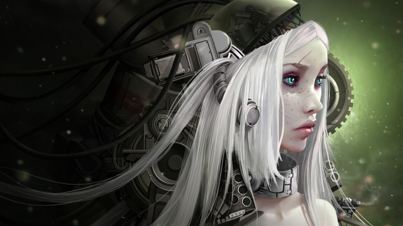illustration, artistic, girl, 4K, fictional character, android, concept art, cyberpunk, art, blue eyes, fantasy art, darkness, cg artwork, digital art