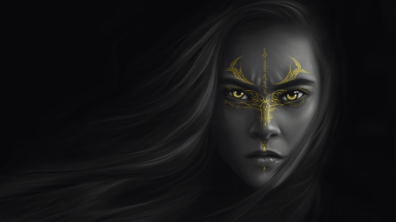 cg artwork, mystical, long hair, darkness, fictional character, legendary, mythical creature, digital art, warrior, artwork, warrior woman, head, woman